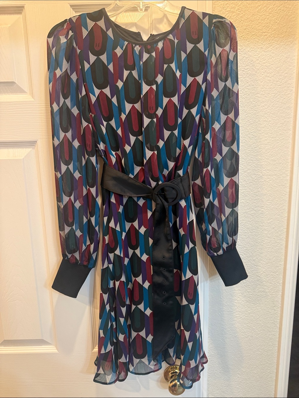 Karl Lagerfeld Geometric Long-Sleeve Dress in Teal, Plum & Black